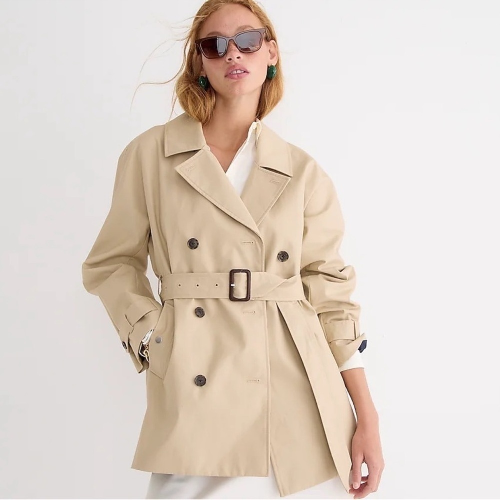 J. Crew Short Trench Coat in Vintage Khaki Size Large Preppy Classic Old Money